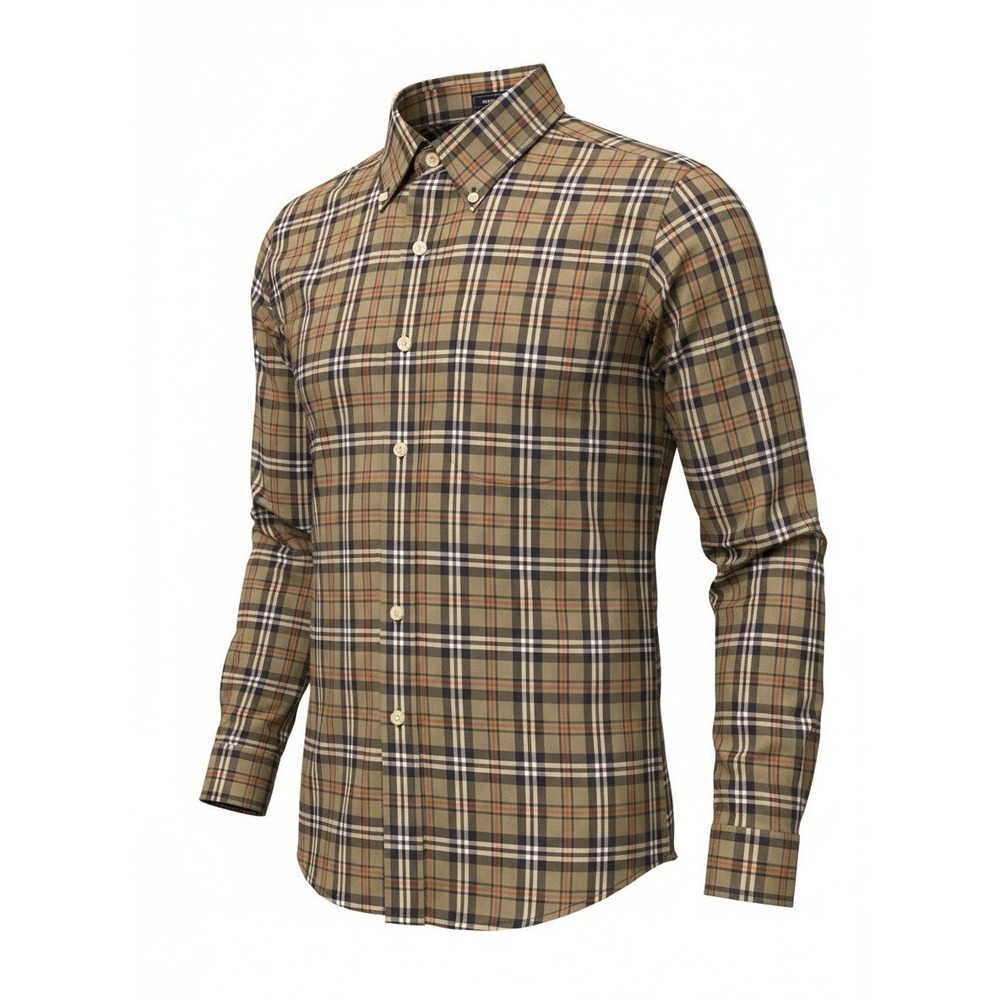 Saddlebred Mens Plaid Button Down Shirt Olive Green Orange Wrinkle Free M